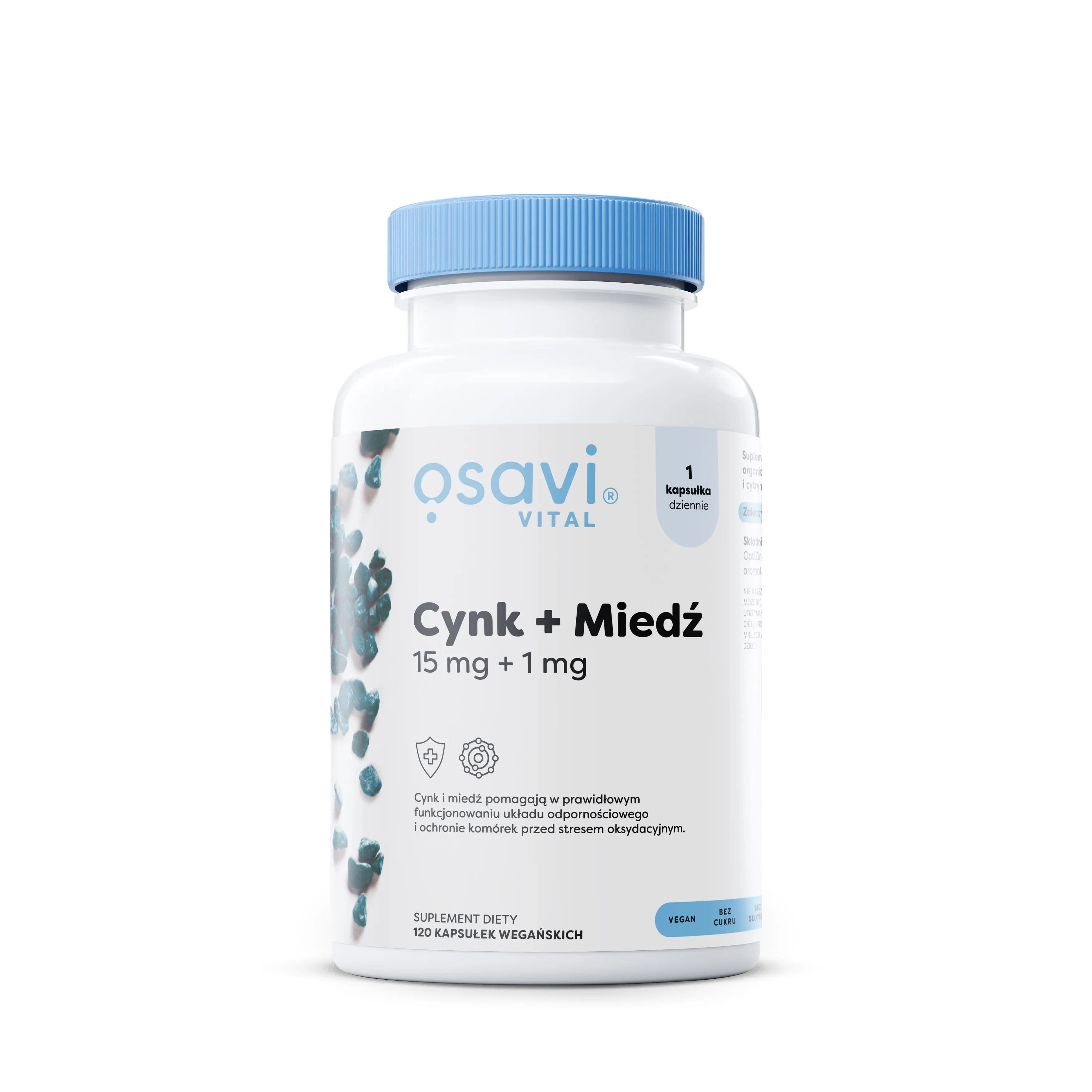 Cynk + Miedź 15 mg / 1 mg Osavi Włosy Skóra Odporność Kapsułki 120 szt.