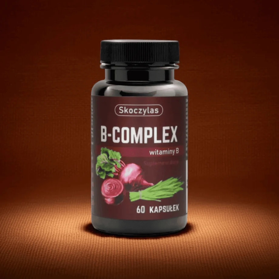 b-compleks skoczylas w btązowym opakowaniu na brązowym tle