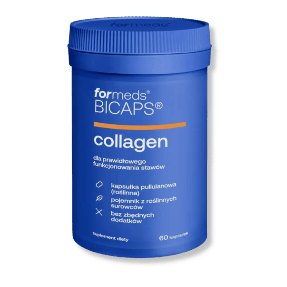 Niebieskie opakowanie collagen od formeds na bezbarwnym tle