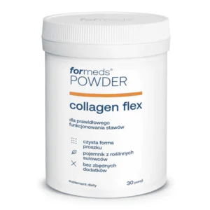Opakowanie suplementu Kolagen Formeds Powder Collagen Flex 5000 mg na białym tle. Widoczne jest białe pudełko z wyraźnym napisem wskazującym zawartość peptydów kolagenowych i witaminy C, przeznaczony do wsparcia stawów i skóry.
