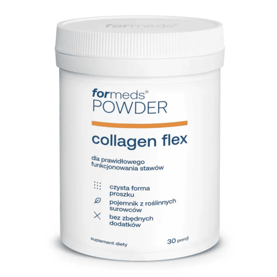 Opakowanie suplementu Kolagen Formeds Powder Collagen Flex 5000 mg na białym tle. Widoczne jest białe pudełko z wyraźnym napisem wskazującym zawartość peptydów kolagenowych i witaminy C, przeznaczony do wsparcia stawów i skóry.
