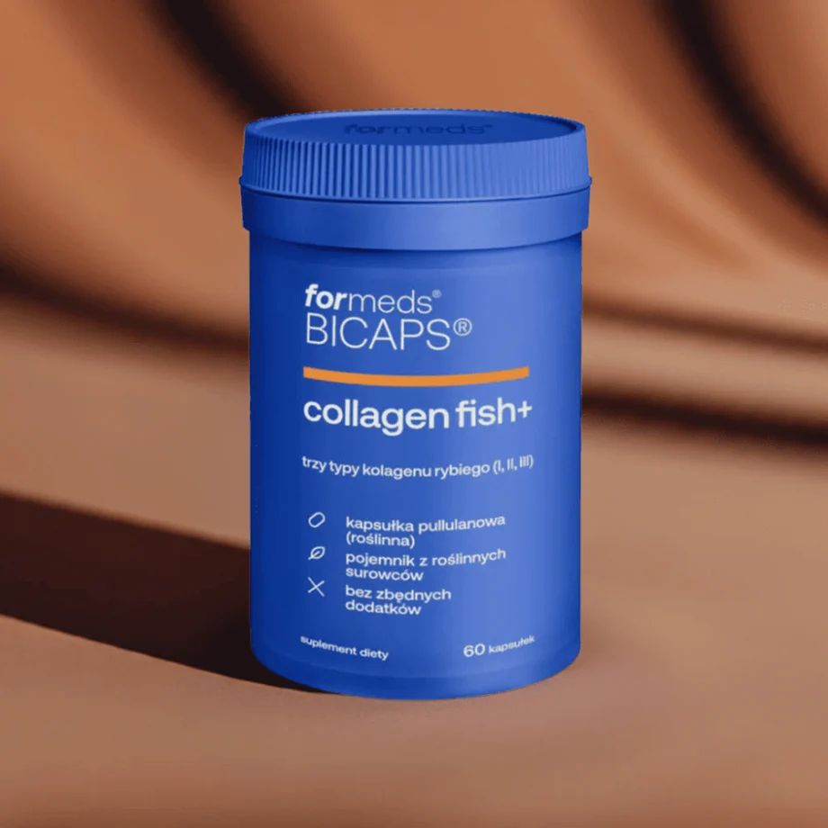 Opakowanie kolagen fish BICAPS Collagen Fish+ na eleganckim tle brązowej tkaniny - 60 kapsułek kolagenu rybiego wysokiej jakości"