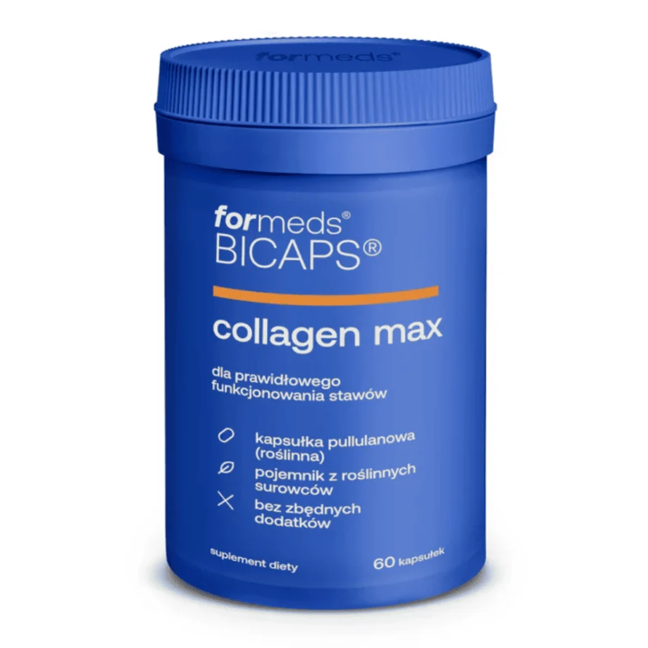 Kolagen max w kapsułkach BICAPS Collagen MAX od Formeds w opakowaniu na białym tle - kompleks 5 składników aktywnych dla zdrowia stawów i skóry