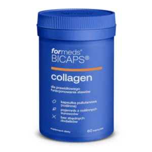 Kolagen w kapsułkach BICAPS Collagen od Formeds w opakowaniu na białym tle - niezdenaturowany kolagen typu II dla zdrowia stawów i skóry