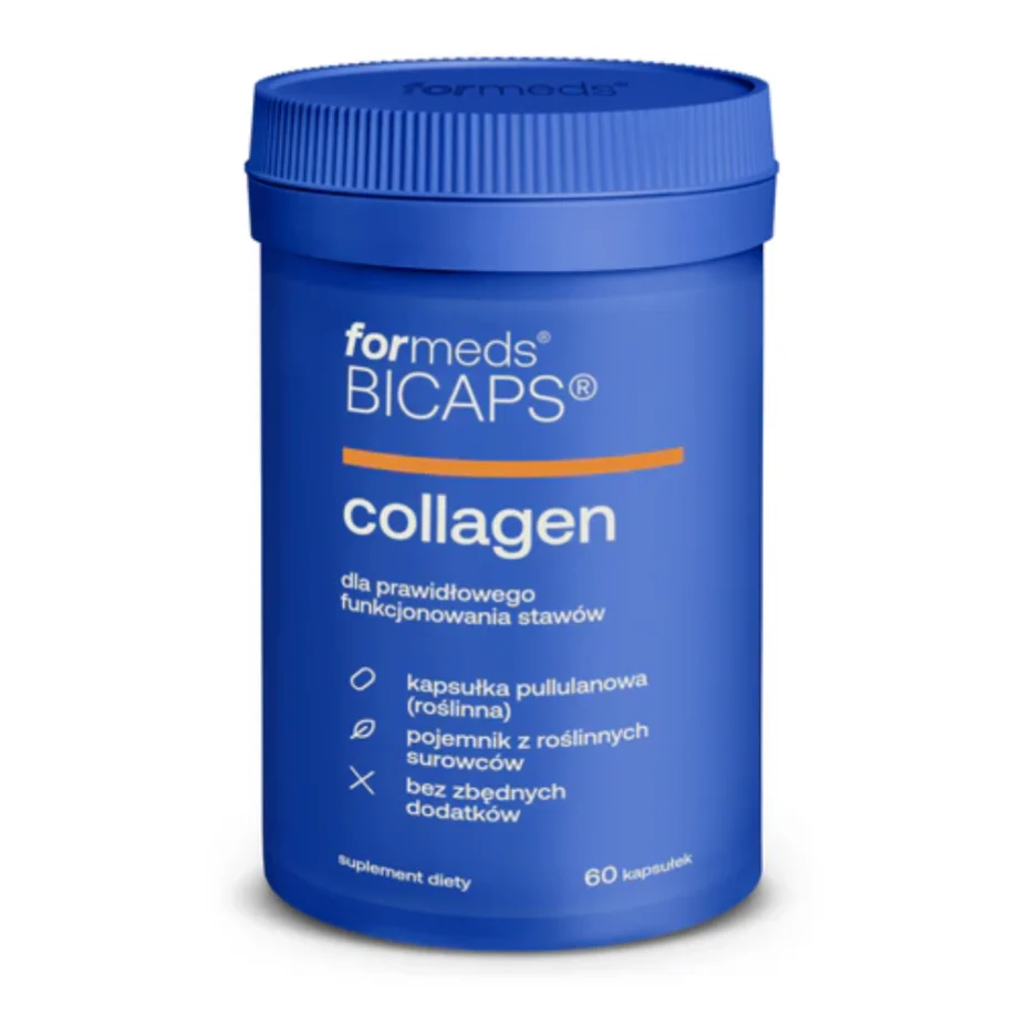 Kolagen w kapsułkach BICAPS Collagen od Formeds w opakowaniu na białym tle - niezdenaturowany kolagen typu II dla zdrowia stawów i skóry
