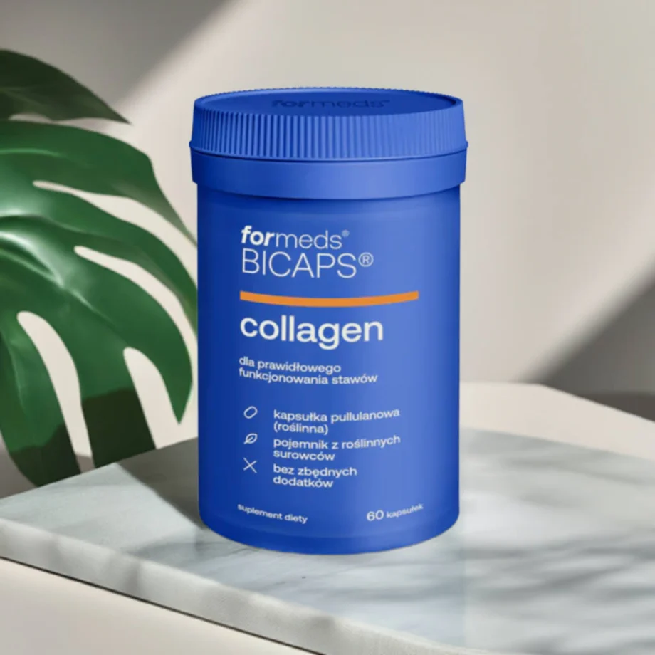 Opakowanie kolagen w kapsułkach BICAPS Collagen na eleganckim tle marmurowej ściany - 60 kapsułek z L-proliną i witaminą C"