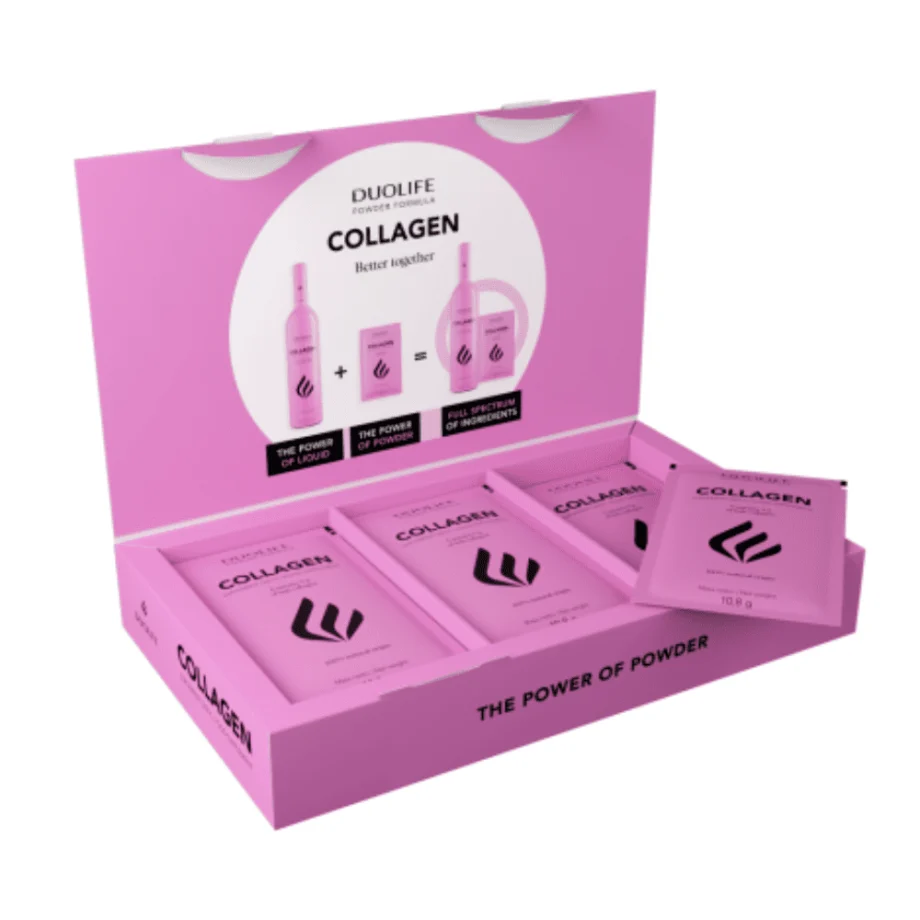 Kolagen w proszku DuoLife Collagen Powder 15 saszetek na białym tle - 9000 mg kolagenu rybiego w każdej saszetce dla zdrowia skóry i stawów