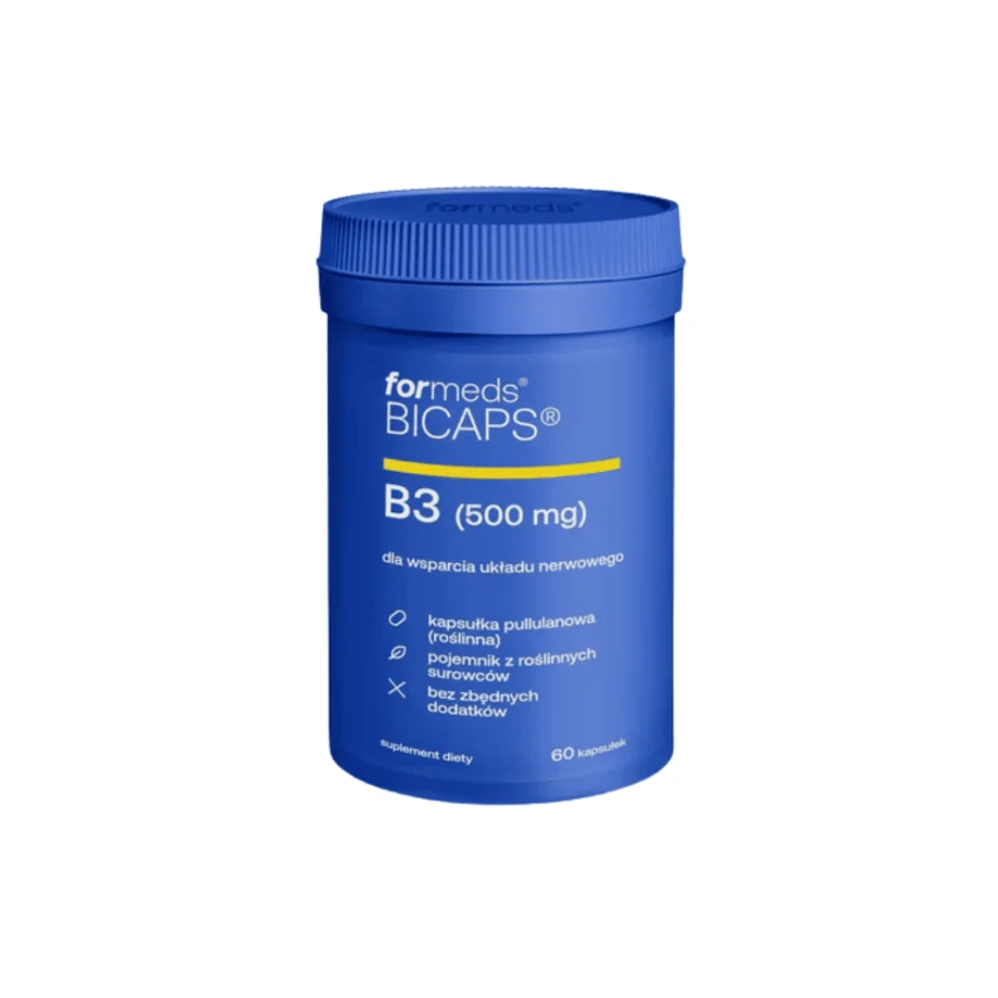 Niebieskie opakowanie witamina B3 500 mg od formeds na białym tle