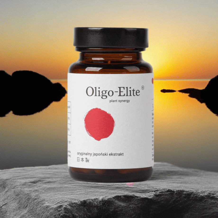 KOGEN Oligo-Elite – opakowanie suplementu na tle zachodzącego słońca, symbol witalności i regeneracji