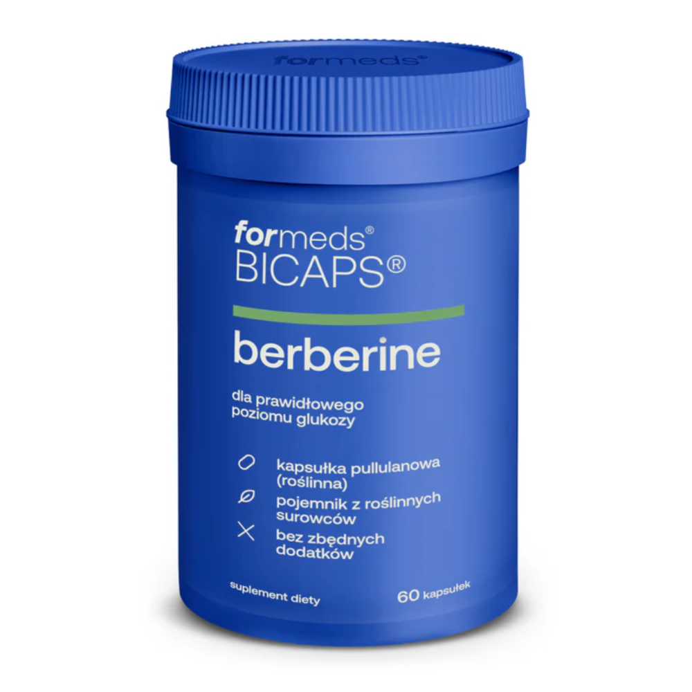 Opakowanie BICAPS Berberine Formeds 60 kapsułek z berberyną na białym tle