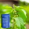 Niebieskie opakowanie bicaps white mulberry na tle zielonej rośliny