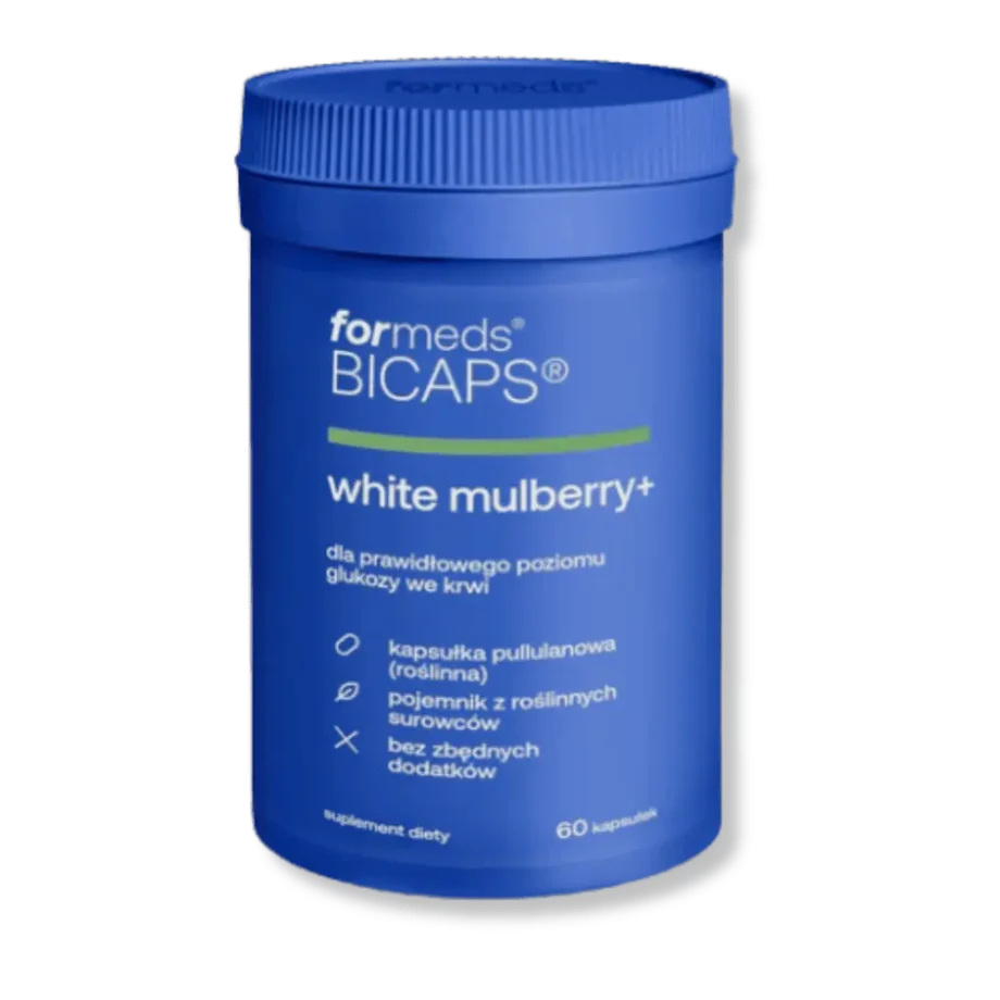 Bicaps white mulberry od formeds w niebieskim opakowaniu na bezbarwnym tle