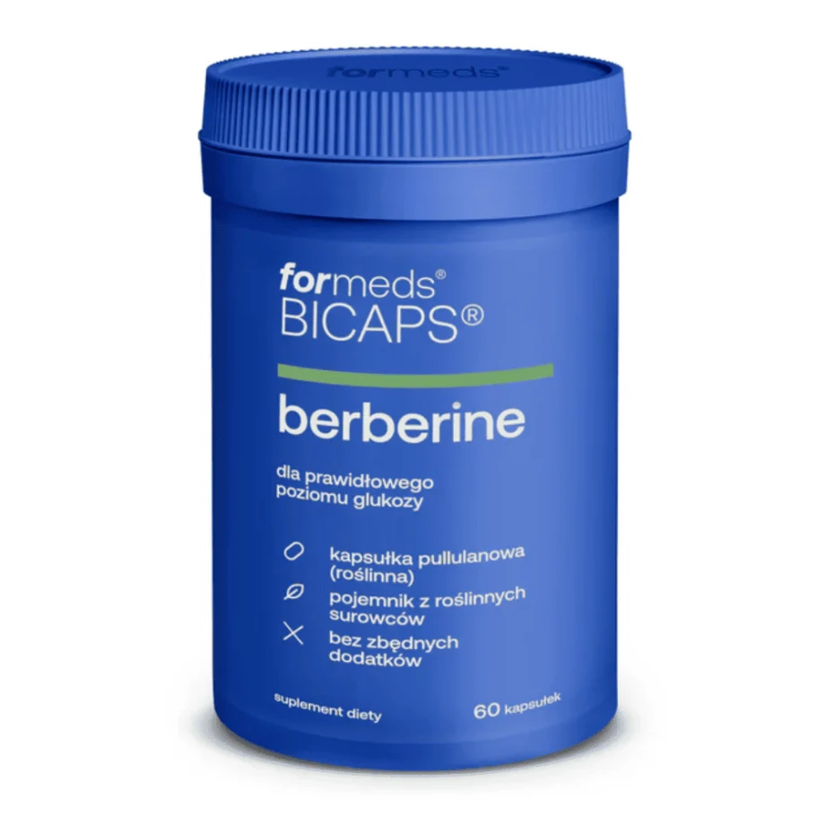 Opakowanie BICAPS Berberine Formeds 60 kapsułek z berberyną na białym tle