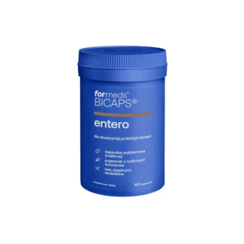 probiotyk bicaps entero w niebieskim opakowaniu na białym tle