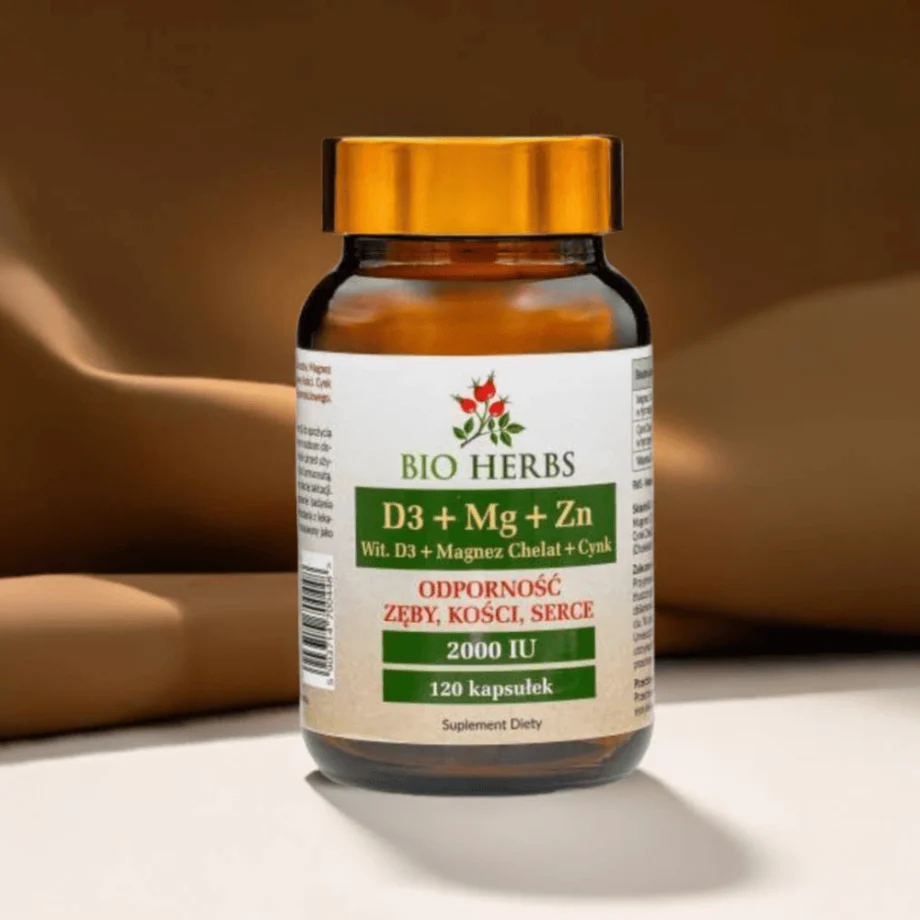 Opakowanie D3 Magnez Cynk Bio-Herbs na naturalnej tkaninie - kompleks witaminowo-mineralny dla witalności