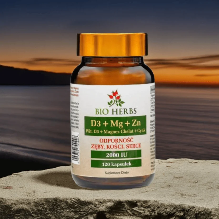 D3 Magnez Cynk Bio-Herbs na tle zachodzącego słońca - synergia witaminy słońca, magnezu i cynku dla kompleksowego zdrowia