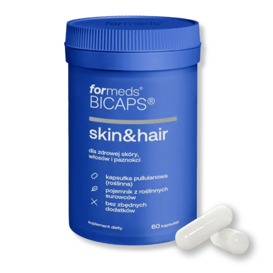 Opakowanie Bicaps Skin Hair od Formeds – wraz z dwoma kapsułkami suplementu.
