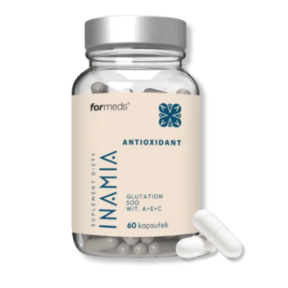 Słoik suplementu inanmia antioxidant od formeds wraz z dwoma kapsułkami przed słoikiem