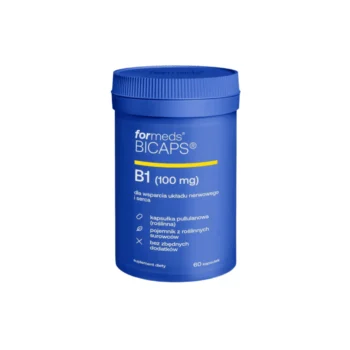 witamina b1 100 mg bicaps od formeds w niebieskim opakowaniu na białym tle