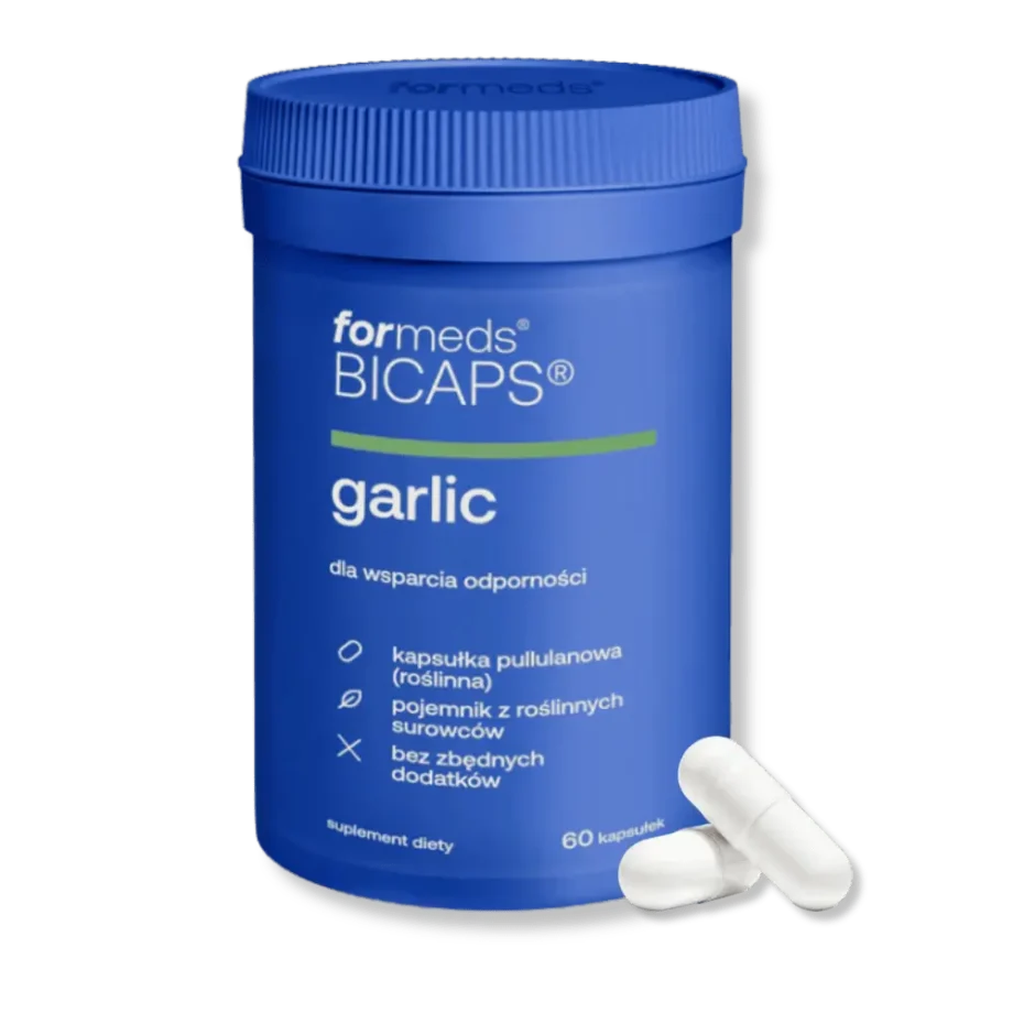 niebieskie opakowanie bicaps formeds garlic z dwoma kapsułkami