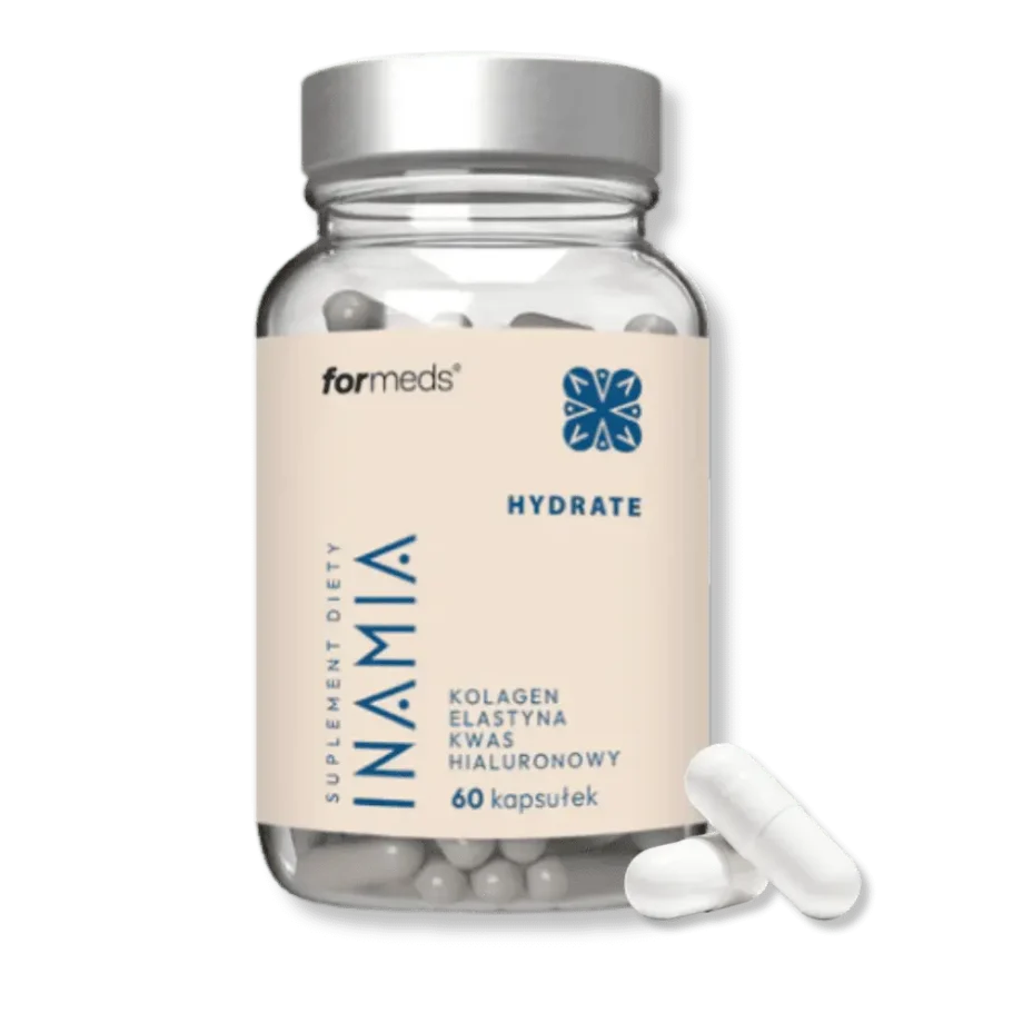 Inamia hydrate w słoiczku, a obok leżą dwie kapsułki