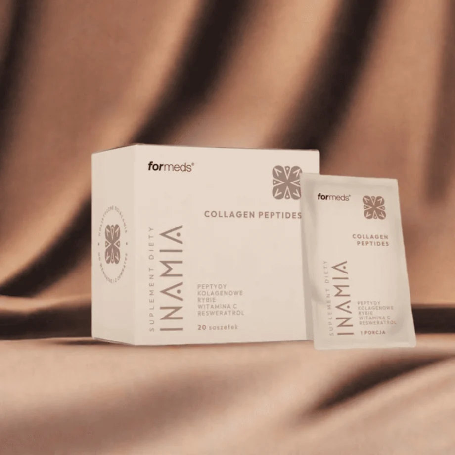 INAMIA Collagen Peptides 20 saszetek na tle brązowej tkaniny - peptydy kolagenowe dla jędrności i elastyczności skóry"
