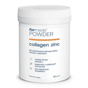 Suplement Powder Collagen Zinc na białym tle - opakowanie zawierające 5000 mg peptydów kolagenowych i cynk dla zdrowej skóry i włosów.