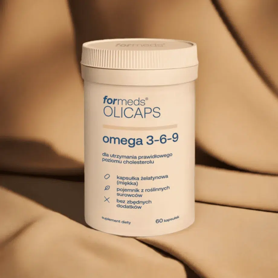 Suplement Olicaps Omega-3-6-9 Formeds na naturalnej brązowej tkaninie - zbilansowana mieszanka oleju rybiego, lnianego i z ogórecznika w jednej kapsułce