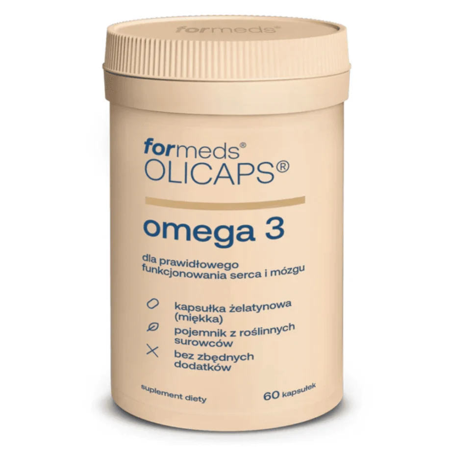 Olicaps Omega-3 Formeds 60 kapsułek - wysokiej jakości olej rybi bogaty w EPA i DHA w małych kapsułkach na białym tle
