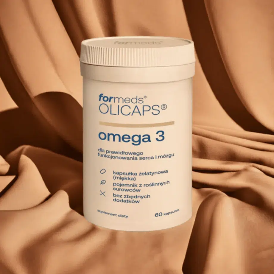 Suplement Olicaps Omega-3 Formeds na naturalnej brązowej tkaninie - czysty olej rybi z norweskich ryb w małych, łatwych do połknięcia kapsułkach