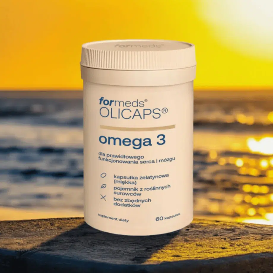 Olicaps Omega-3 Formeds na tle zachodzącego słońca - naturalne wsparcie funkcji poznawczych i układu krążenia dzięki czystym kwasom omega-3 z ryb