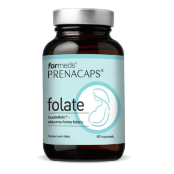 PRENACAPS FOLATE – opakowanie suplementu z aktywnym kwasem foliowym Quatrefolic 800 μg na białym tle, wspierającego rozwój dziecka i zdrowie matki