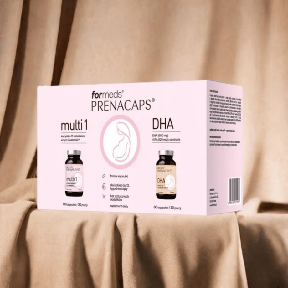 Zestaw PRENACAPS MULTI 1 + DHA dla kobiet do 12. tygodnia ciąży na brązowej tkaninie – multiwitamina i kwasy omega-3 wspierające rozwój dziecka