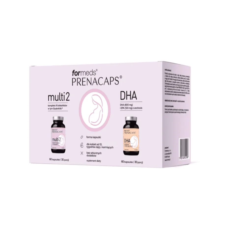 PRENACAPS MULTI 2 + DHA – zestaw suplementów dla kobiet od 13. tygodnia ciąży i karmiących na białym tle – kompleksowe wsparcie odżywcze ForMeds
