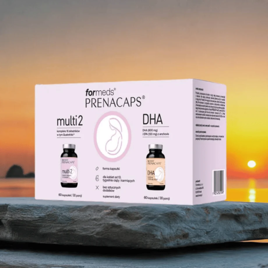 PRENACAPS MULTI 2 + DHA – zestaw z Quatrefolic®, witaminą K2 MK-7 i kwasami omega-3 na tle zachodzącego słońca – harmonia zdrowia matki i dziecka w II i III trymestrze oraz podczas karmienia
