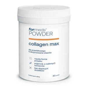 Kolagen Max Formeds w eleganckim opakowaniu na białym tle - suplement zawierający 5000 mg peptydów kolagenowych, kwas hialuronowy i witaminy dla zdrowia skóry i stawów.