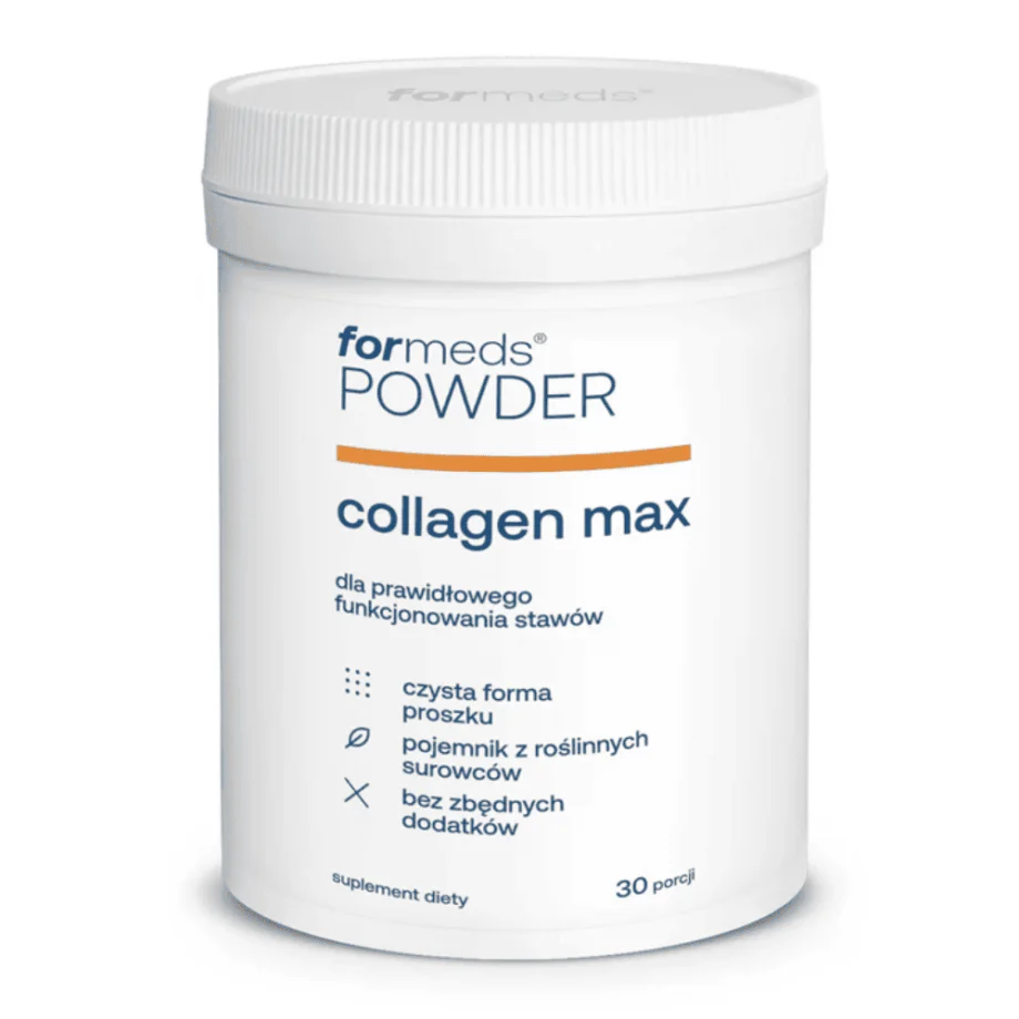 Kolagen Max Formeds w eleganckim opakowaniu na białym tle - suplement zawierający 5000 mg peptydów kolagenowych, kwas hialuronowy i witaminy dla zdrowia skóry i stawów.