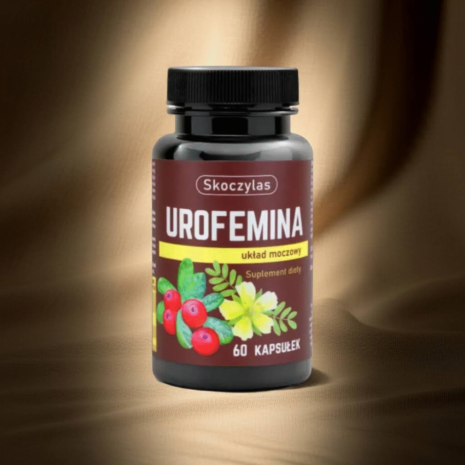 Opakowanie urofemina skoczylas na tle brązowej tkaniny