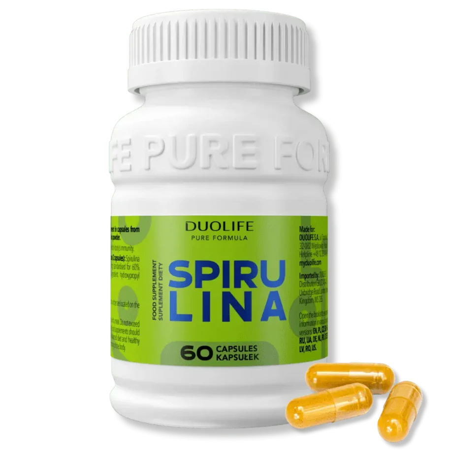 Duolife spirulina opakowanie z trzema kapsułkami suplementu