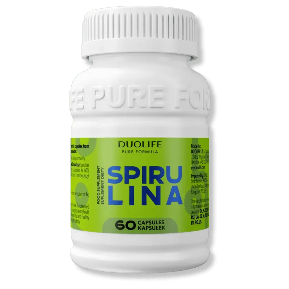 Opakowanie duolife spirulina na bezbarwnym tle