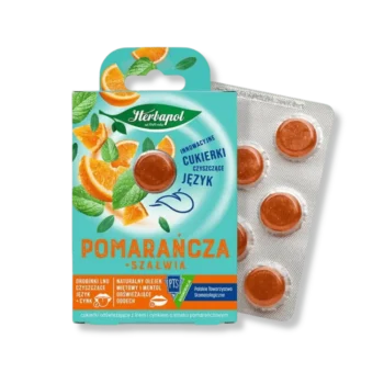 Przód opakowania cukierków czyszczących język o smaku pomarańczy z szałwią Herbapol.