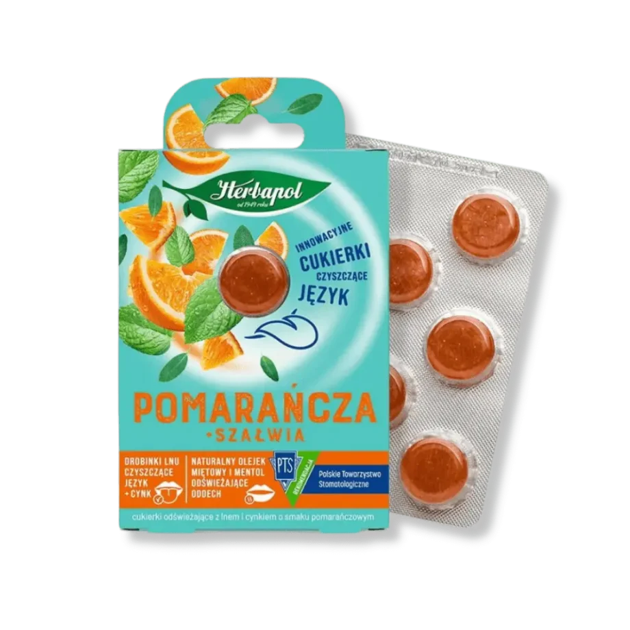 Przód opakowania cukierków czyszczących język o smaku pomarańczy z szałwią Herbapol.