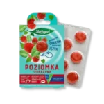 Przód opakowania cukierków czyszczących język o smaku poziomki z pokrzywą Herbapol.