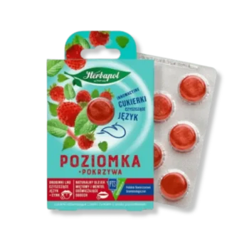 Przód opakowania cukierków czyszczących język o smaku poziomki z pokrzywą Herbapol.