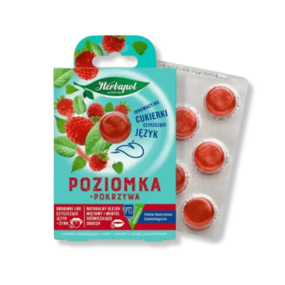 Przód opakowania cukierków czyszczących język o smaku poziomki z pokrzywą Herbapol.