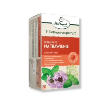 Opakowanie herbatki fix NA TRAWIENIE z zielonymi akcentami, przedstawiające zioła użyte w produkcie.