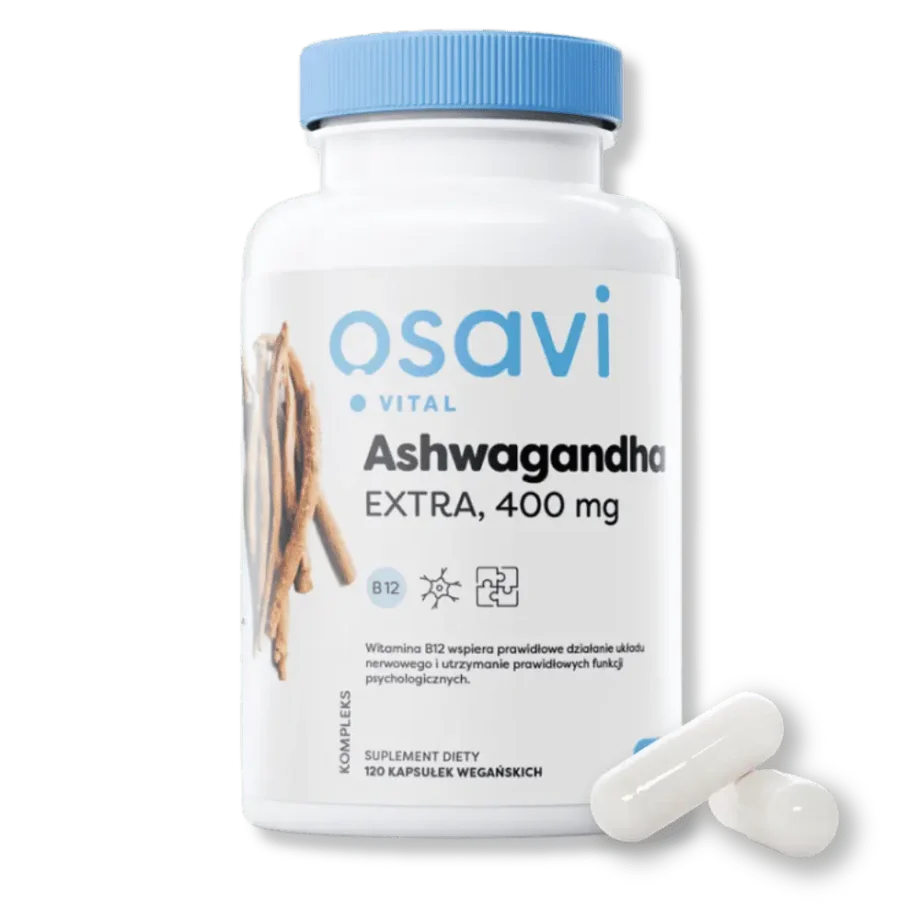 Zdjęcie Ashwagandha Extra Vital 400mg firmy OSAVI – widok opakowania z przodu razem z dwoma kapsułkami.