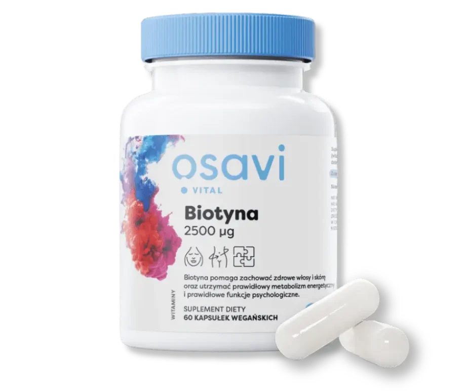 Opakowanie suplementu osavi - biotyna z dwoma kapsułkami suplementu.
