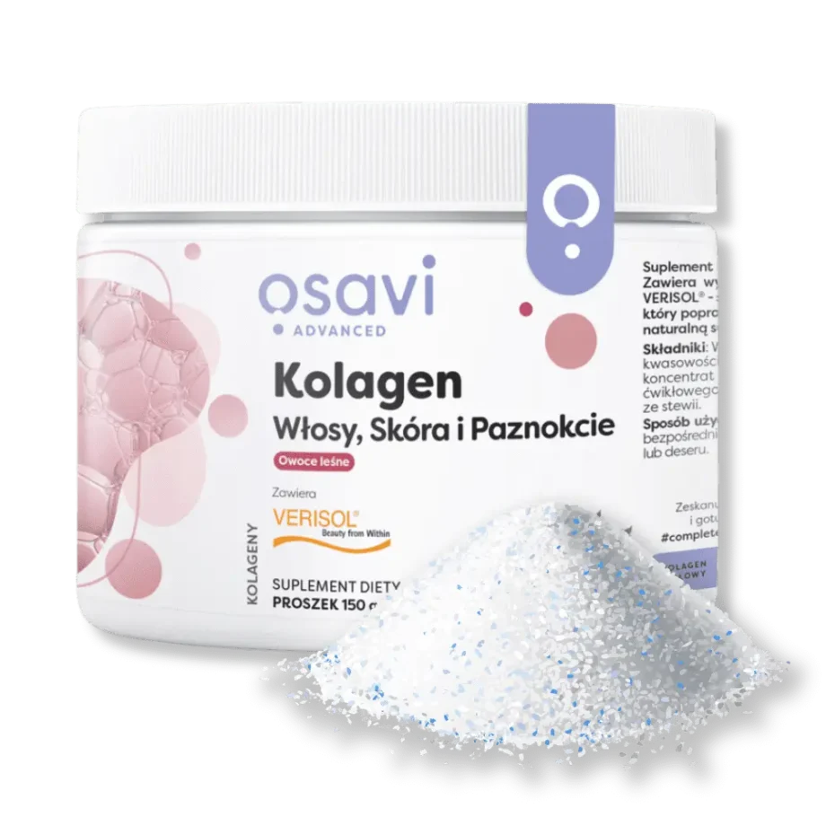 Opakowanie suplementu diety kolagen od osavi wraz z rozsypanym proszkiem.