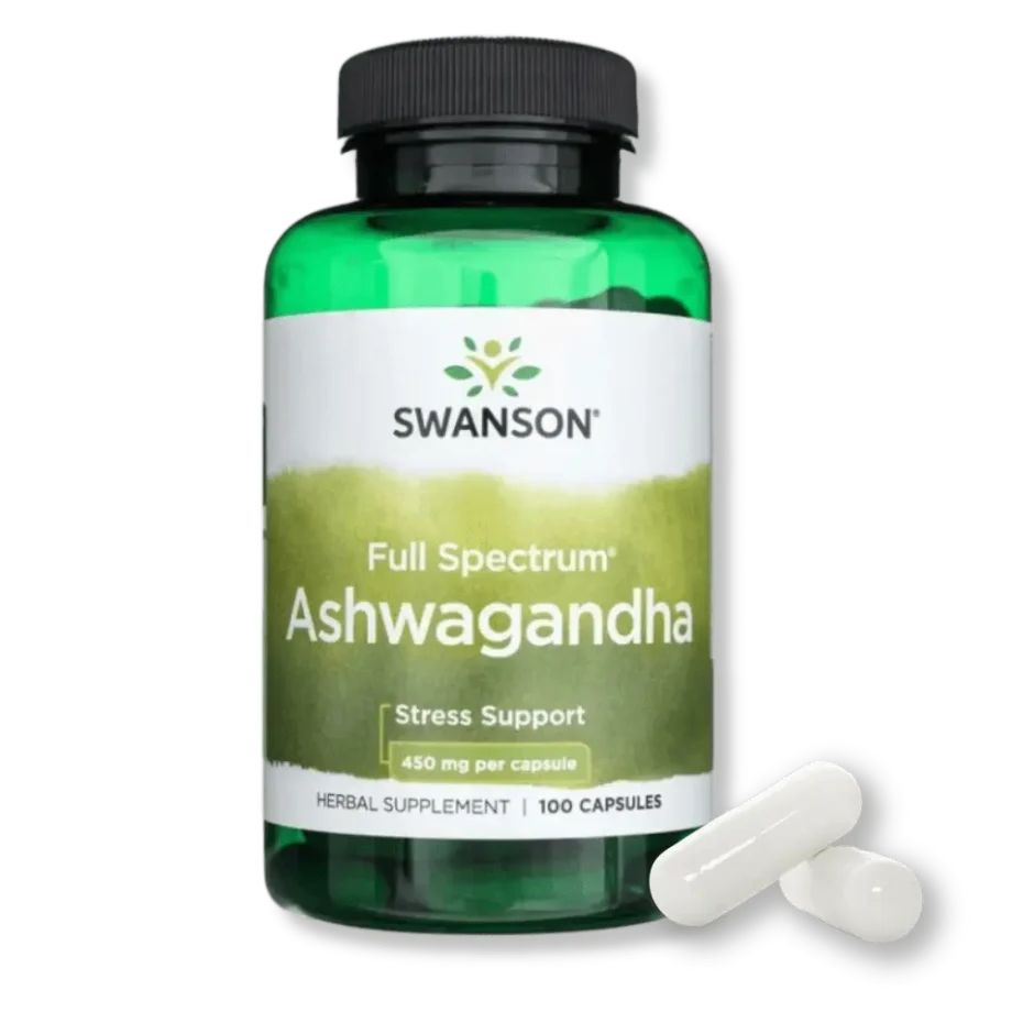 Adaptogen na radzenie sobie ze stresem – Ashwagandha Full Spectrum 450mg firmy Swanson – widok opakowania z przodu z dwoma kapsułkami.